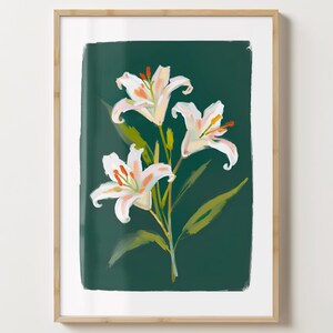 Dunkelgrüne, weiße Lilie Wand Kunst Druck - Lilien Poster - Lilien Kunstwerk - Bunter Blumendruck - Matt oder Matt - A5,A4,A3,A2