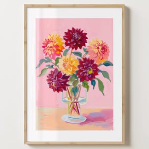 Rosa Dahlien Druck - Stilvolles Dahlien Blumen Poster - Moderne Blumen - Barwagen Druck - glänzend oder matt - A5,A4,A3 oder digitaler Download
