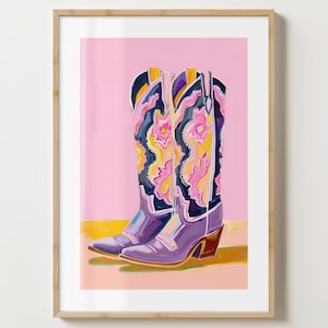Póster colorido con botas de vaquera en color morado y rosa - Impresión de botas de vaquero - Arte de pared de moda en color rosa - Brillo o mate - A5, A4, A3 o descarga digital