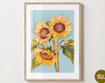 May include: A painting of three sunflowers with yellow petals and brown centers against a light blue background.