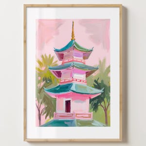 Stampa artistica della pagoda cinese rosa - Elegante poster cinese - Illustrazione moderna - Lucida o opaca - A5, A4, A3 o download digitale