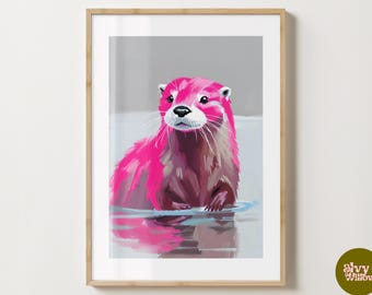 Grey & Pink Otter Print - Cute Animal Wall Art - Otters Poster - Colourful Otter Artwork - Gloss or Matte - A5,A4,A3 or Digital Download