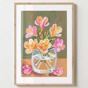 Grün & Orange Freesien Blumendruck - Blumenposter - Freesien in der Vase - Barwagendruck - glänzend oder matt - A5,A4,A3 oder digitaler Download