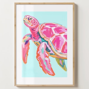 Impresión de arte de pared de tortuga rosa y azul - Decoración única de vida marina - Póster de tortugas - Brillo o mate - A5, A4, A3 o descarga digital