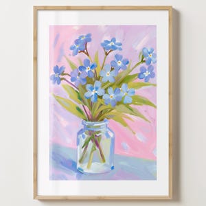 Impresión de florero de nomeolvides azul y rosa - Póster de flores - Arte de nomeolvides - Brillo o mate - A5, A4, A3 o descarga digital