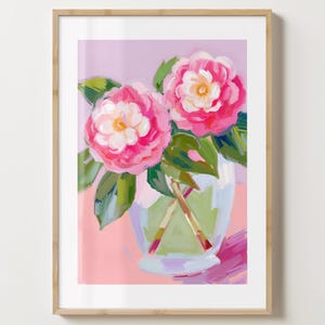 Impresión de jarrón con camelias moradas y rosas - Póster floral - Arte floral con camelias - Brillo o mate - Tamaño A5, A4, A3 o descarga digital