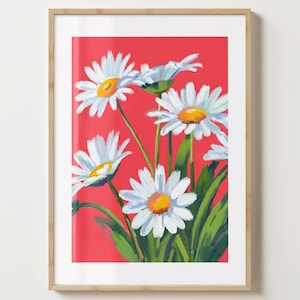 Stampa di margherite rosse - Poster di fiori di margherite alla moda - Fiori alla moda - Stampa di campo di margherite - Lucida o opaca - A5, A4, A3 o download digitale