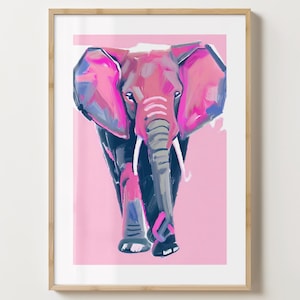 May include: An abstract painting of an elephant in pink and blue hues, set against a pink background. The elephant is facing the viewer with its trunk lowered. The painting is framed in a light wood frame.