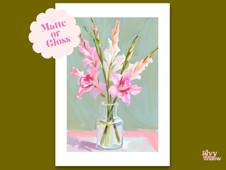 May include: A painting depicting a bunch of pink gladioli in a clear glass vase. The flowers are arranged simply and elegantly, with a soft, muted green background.