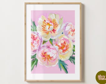 Impression de bouquet de pivoines roses et jaunes - Poster de fleurs de pivoine - Fleurs modernes - Impression de chariot de bar - Impressions maximalistes de fleurs de pivoines esthétiques