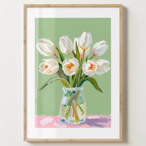 Groene en witte tulpen in vaas Wall Art Print - Tulp poster - Floral Art Print - Uniek cadeau - Glanzend of mat - A5, A4, A3 of digitale download