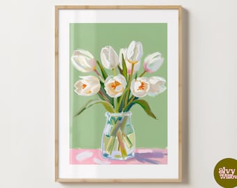 Green & White Tulips in Vase Wall Art Print - Tulip Poster - Floral Art Print -  Unique Gift - Gloss or Matte - A5,A4,A3 or Digital Download
