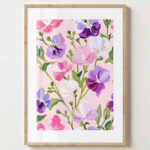 Impresión de flor de guisante de olor rosa y morado - Póster de flores - Arte de guisantes de olor en jarrón - Brillo o mate - A5, A4, A3 o descarga digital