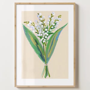 Beige en witte lelietje-van-dalen bloemenvaas muurkunst print - leliebloem poster - kleurrijke bloemenprint - glans of mat - A5,A4,A3,A2
