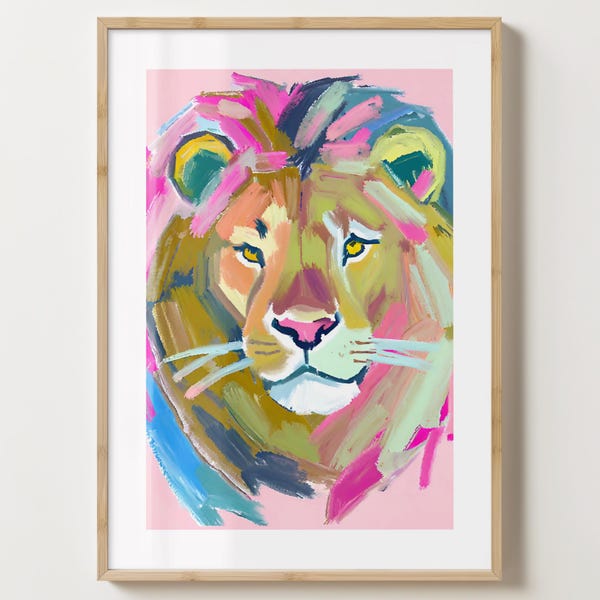 Pink Lion Wall Art Print - Wild Lion Poster - Stylish Lions illustration - Lion Head Print - Gloss or Matte - A5,A4,A3 or Digital Download