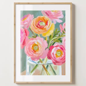 Rosa & Grüne Ranunkel Blumenvase Print - Blumen Poster - Bar Warenkorb Druck - glänzend oder matt - A5,A4,A3 oder digitaler Download