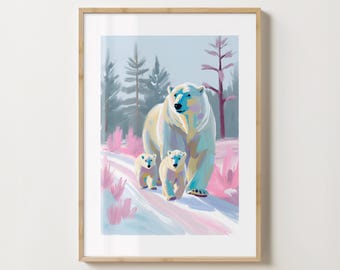 Pinke Eisbären Familie Szene Wand Kunst Druck - Stylisches Winter Poster - Weihnachts Kunst - glänzend oder matt - A5,A4,A3 oder digitaler Download