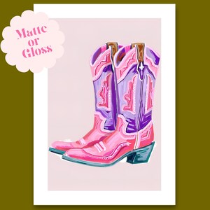 May include: A pair of pink cowboy boots with purple and white details. The boots are illustrated in a cartoon style.