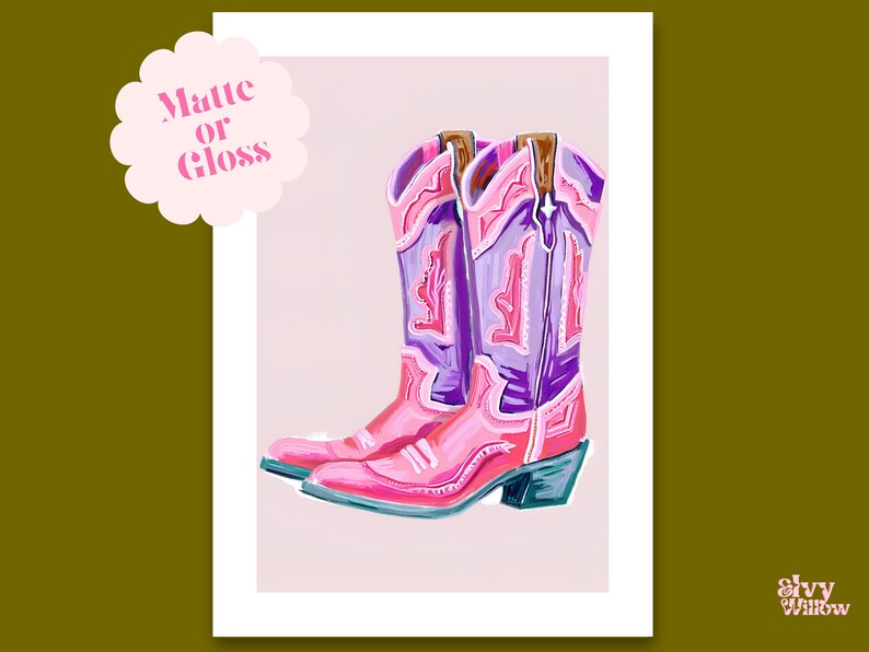 May include: A pair of pink cowboy boots with purple and white details. The boots are illustrated in a cartoon style.
