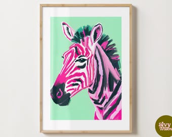 Pink & Grün Zebra Wand Kunst - Einzigartige Wildtiere - Pink Zebra Poster - Glanz oder Matt - A5,A4,A3 oder digitaler Download