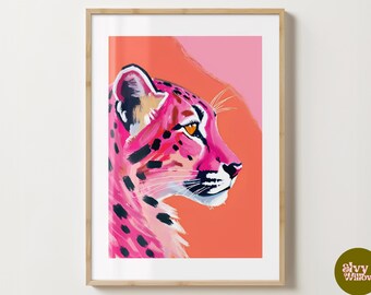 Pink & Orange Cheetah Wall Art Print - Stylish Cheetah Wildlife Poster - Unique Gift Idea -Gloss or Matte - A5,A4,A3 or Digital Download