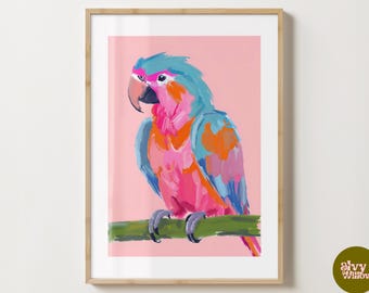 Impressão de arte de parede de papagaios azuis e rosa brilhantes - pôster de pássaro colorido - ilustração de papagaio - brilhante ou fosco - A5, A4, A3 ou download digital