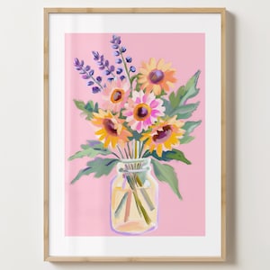 Ilustración de jarrón de girasol rosa - Póster colorido de girasol - Arte floral - Brillo o mate - Tamaño A5, A4, A3 o descarga digital