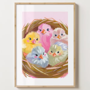 Impresión artística de pared de Pascua con pollitos rosados: póster de primavera con un pollito lindo en el nido. Impresión artística. Brillo o mate. A5, A4, A3 o descarga digital