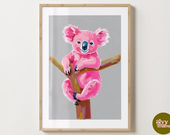 Pink & Grey Koala Wall Art Print - Cute Wildlife Decor - Koala in a tree print - Gloss or Matte - A5,A4,A3 or Digital Download