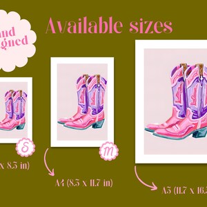May include: Three different sizes of a pink and purple cowboy boot print art print. The print is available in A5 (5.8 x 8.5 inches), A4 (8.5 x 11.7 inches), and A3 (11.7 x 16.5 inches).