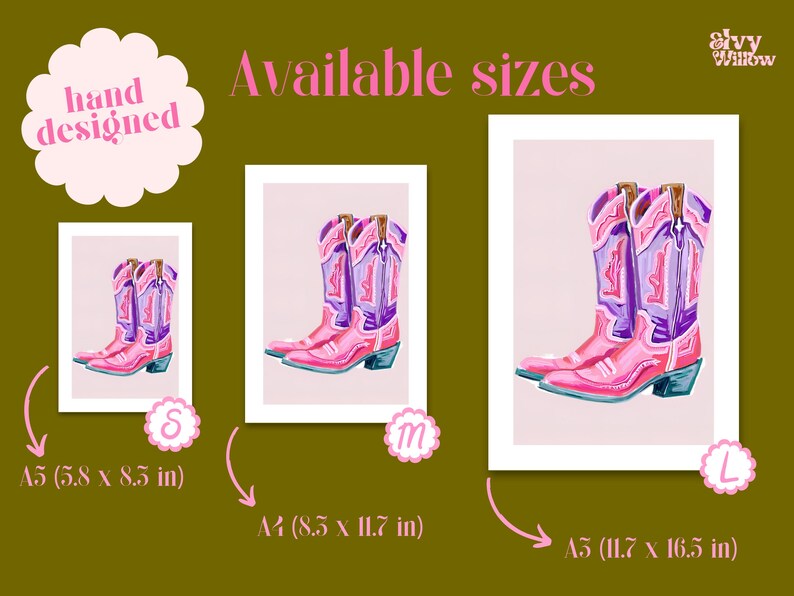 May include: Three different sizes of a pink and purple cowboy boot print art print. The print is available in A5 (5.8 x 8.5 inches), A4 (8.5 x 11.7 inches), and A3 (11.7 x 16.5 inches).