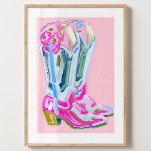 Affiche colorée de bottes de cowboy - impression de peinture à l'huile de bottes de cow boy - art mural rose tendance - brillant ou mat - A5, A4, A3 ou téléchargement numérique