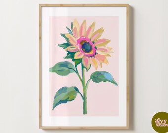 Pink Sunflowers Print - Stylish Flower Poster - Trendy Florals - Bar Cart Print - Maximalist Prints Aesthetic Sunflower Print A5,A4, A3