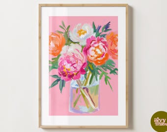 Impression de pivoines orange et roses - Poster élégant de fleurs de pivoine - Fleurs modernes - Impression de chariot de bar - Impressions maximalistes de fleurs de pivoines esthétiques