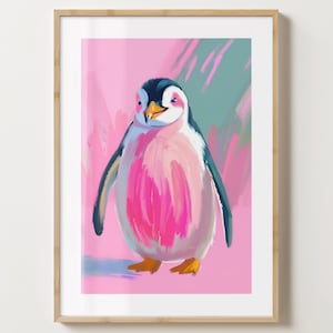 May include: An illustration of a penguin in pink and blue colours, set against a pink background. The penguin is painted in a stylised, abstract style.
