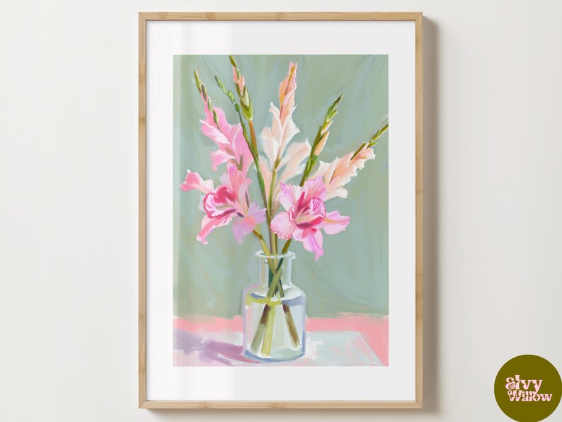 May include: A painting of a bouquet of pink and white gladioli flowers in a clear glass vase against a light green background.