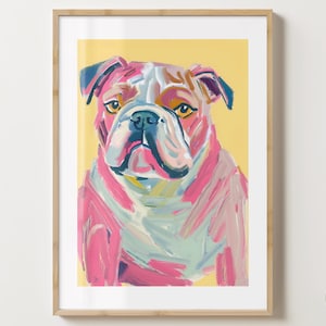 Impression d'art mural bouledogue anglais jaune et rose - poster bull dog - idée cadeau pour les amoureux des chiens - brillant ou mat - A5, A4, A3 ou téléchargement numérique
