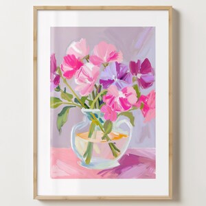 Impresión de flor de guisante de olor rosa y morado - Póster de flores - Arte de guisantes de olor en jarrón - Brillo o mate - A5, A4, A3 o descarga digital