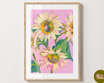 Pink Sunflower Print - Stylish Flower Poster - Trendy Florals - Bar Cart Print - Maximalist Prints Aesthetic Sunflowers Print A5,A4, A3, A2