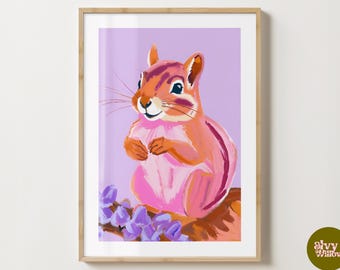 Purple & Pink Squirrel Print - Animal Wall Art - Colourful Squirrel Artwork - Gloss or Matte - A5,A4,A3 or Digital Download
