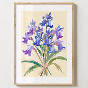 Beige & Blau Bluebell Wand Kunst Druck - Bluebells Poster - Bluebell Kunstwerk - Bunter Blumendruck - Matt oder Matt - A5,A4,A3,A2