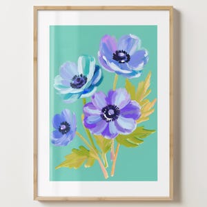 Grün & Blau Mohnblumen Druck - Blumen Poster - Moderne Mohnblume Kunst - Bar Warenkorb - glänzend oder matt - A5,A4,A3 oder digitaler Download