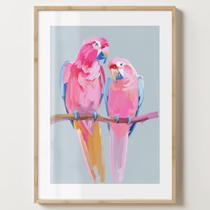 Lámina de pared con loros en azul y rosa brillante - Póster de pájaro colorido - Ilustración de loro - Brillo o mate - A5, A4, A3 o descarga digital