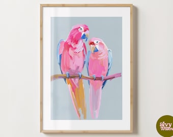 Impressão de arte de parede de papagaios azuis e rosa brilhantes - pôster de pássaro colorido - ilustração de papagaio - brilhante ou fosco - A5, A4, A3 ou download digital