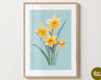 Pode incluir: Uma pintura de um buquê de narcisos amarelos com folhas verdes sobre um fundo azul claro.