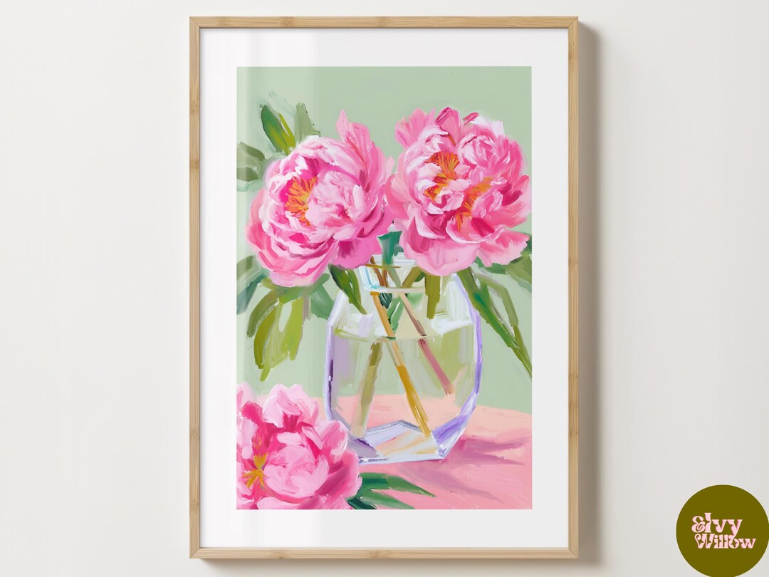 Green & Pink Peony Vase Wall Art - Flower Poster - Floral Peonies Print ...