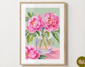 Green & Pink Peony Vase Wall Art - Flower Poster - Floral Peonies Print - Colourful Prints - Gloss or Matte - A5,A4,A3 or Digital Download