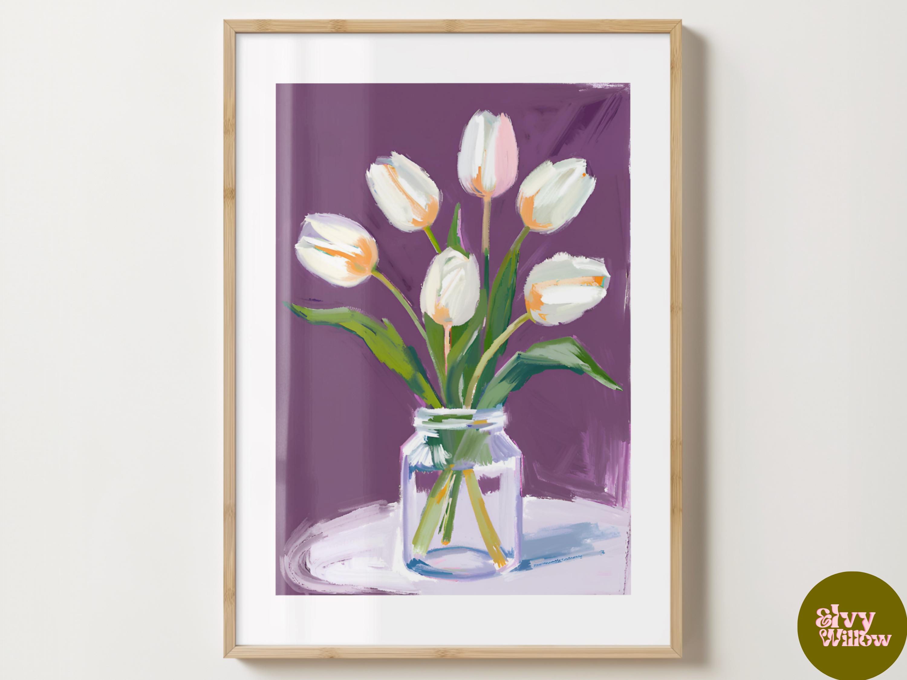 Purple & White Tulip Wall Art  - Modern Floral Print  - Tulips Poster Artwork - Gloss or Matte - A5,A4,A3 or Digital Download