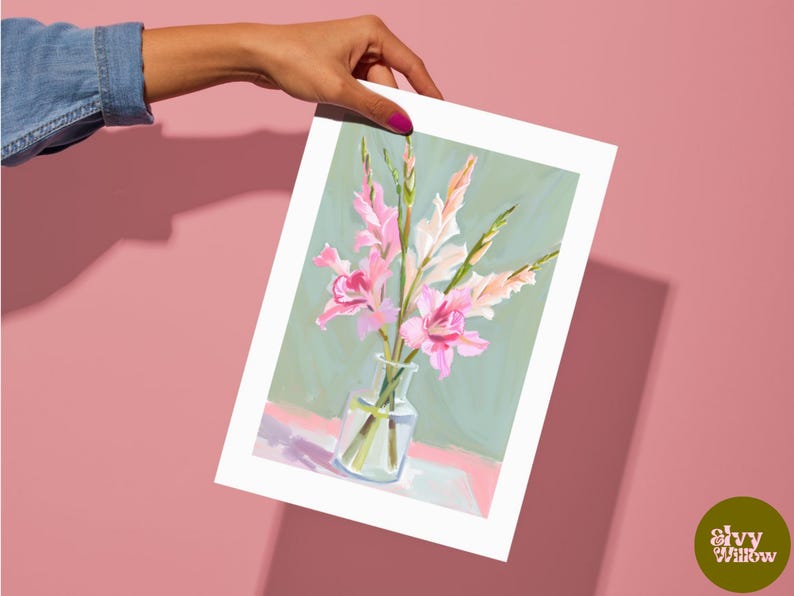 May include: A painting of a bouquet of pink and white gladioli in a clear glass vase against a green background.