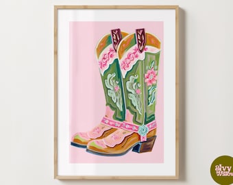 Pink & Green Cowboy Boots Colourful Poster - Cow Girl Boots Print - Trendy wall art  - Gloss or Matte - A5,A4,A3 or Digital Download